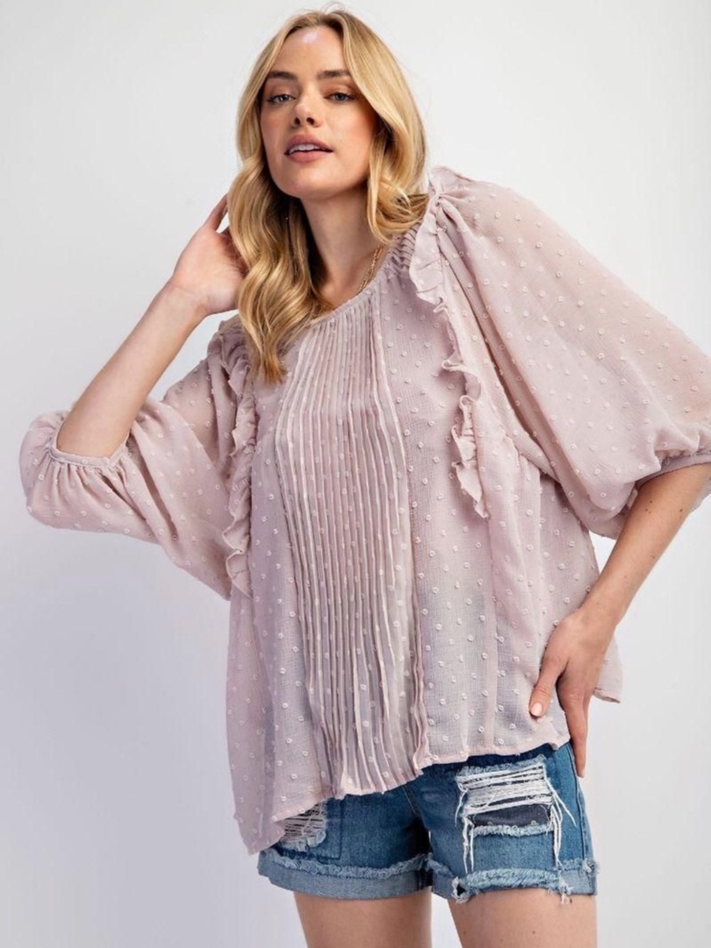 easel Mauve Pintuck & Ruffle Blouse